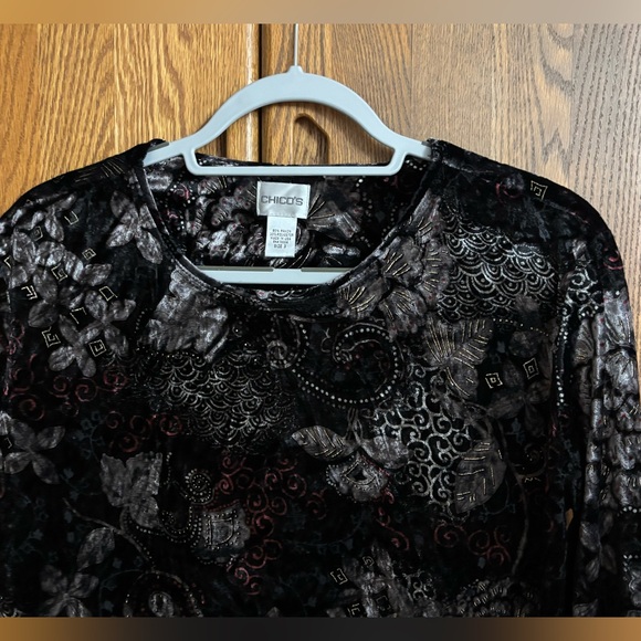 Chico's Elegant Black and Gray Velour Burnout Top - Picture 3 of 6